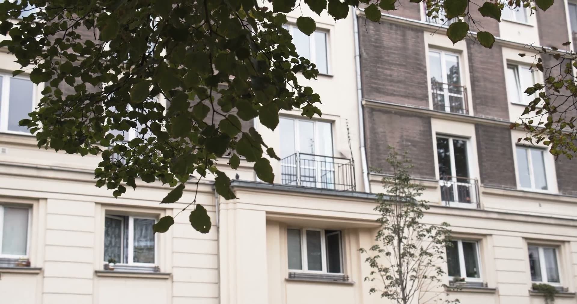 Balconies on a city street in the evening